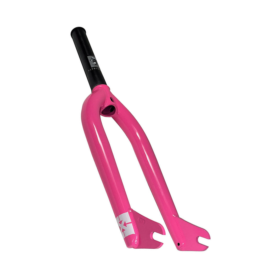 The Fit Blade V3 Forks, showcased on a white background, feature a pink finish with a black CNC'd steerer tube and a white logo near the dropouts, along with ample tire clearance.