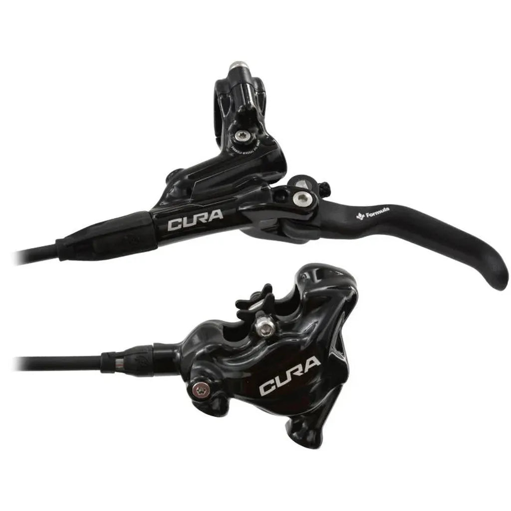The Formula Cura Disc Brake Kit - Flat Mount includes two black hydraulic disc brake components—lever assembly and caliper—connected by hose, delivering high-performance braking for BMX racing.