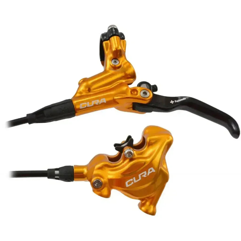 The Formula Cura Disc brake Kit - Flat Mount in a gold finish, designed for BMX racing, is shown from side angles against a white background.