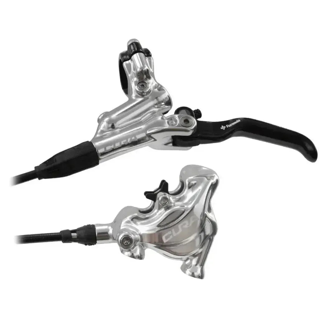 The Formula Cura Disc Brake Kit - Flat Mount includes a silver brake lever and caliper labeled "CURA," offering precise stopping power—ideal for BMX racing.