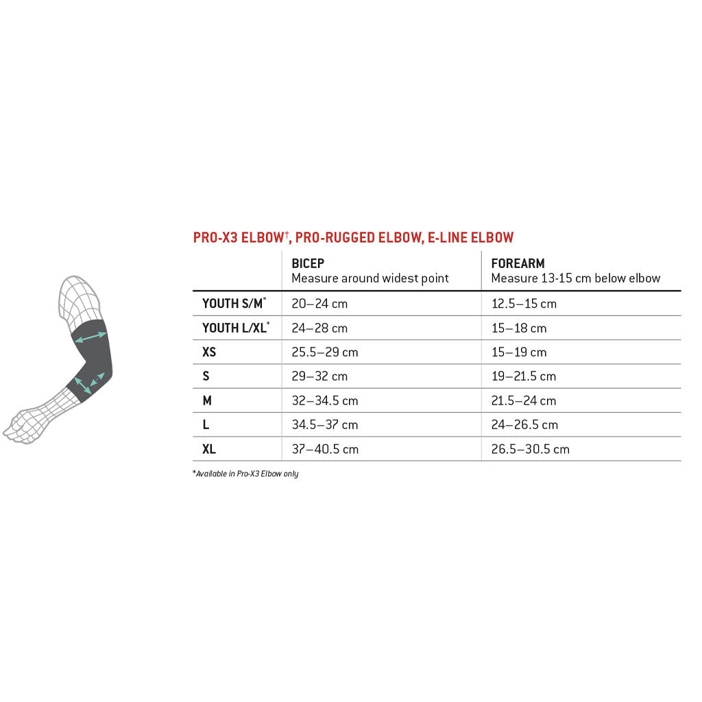 Explore the size chart for the G-Form Pro-X3 Elbow Guard, detailing bicep and forearm measurements in centimeters for Youth S/M to L/XL and XS to L. A diagram on the left illustrates SmartFlex pads' impact absorption for superior protection.