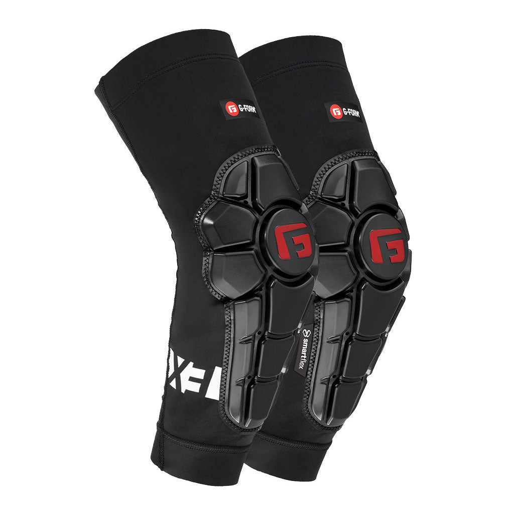 The G-Form Pro-X3 Elbow Guard is black with red and white branding, featuring SmartFlex pads for flexible armor plating and impact-absorbing compression sleeves.