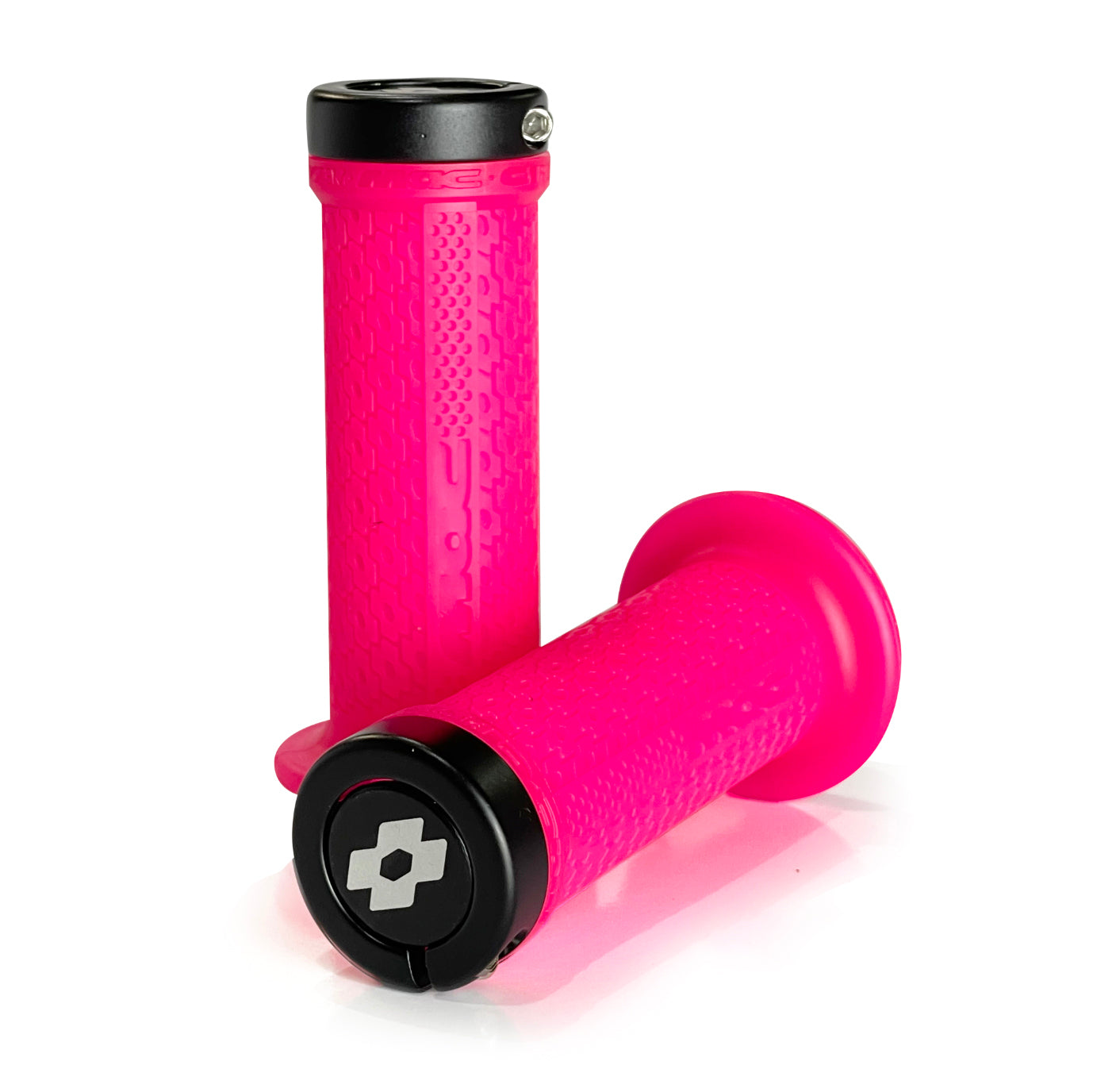 Two bright pink MAC G1 Mini Race Grip Flanged bicycle handlebar grips isolated on a white background.