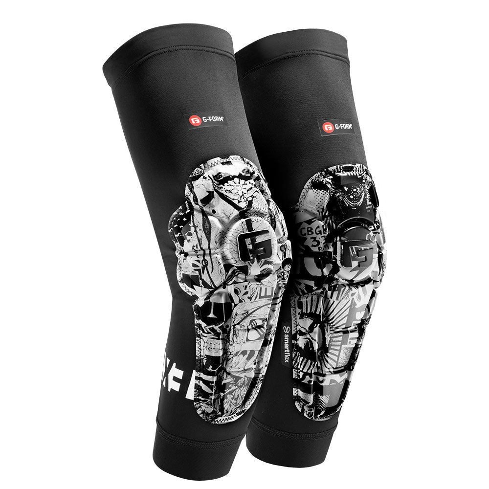 The G-Form Pro-X3 Elbow Guard in black includes a graphic design and logo, SmartFlex pads for superior impact protection, and offers a convenient slip-on style.