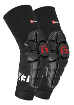 A pair of G-Form Youth Pro-X3 elbow guards, black with segmented protective shells and red logos, designed for athletic safety and impact absorption using SmartFlex technology.