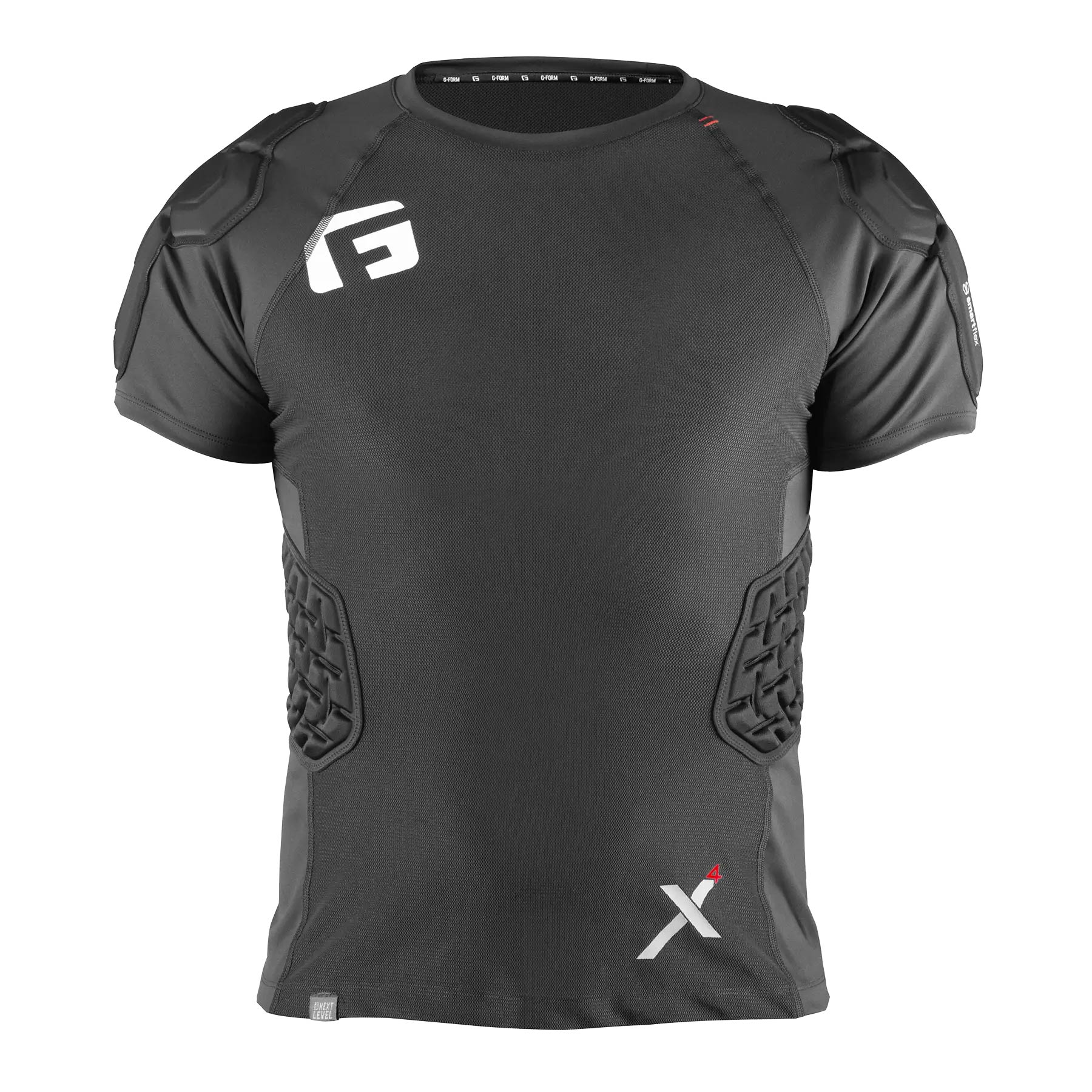 The G-Form X4 Padded Shirt is a black, short-sleeve, breathable shirt with padded shoulders and sides for protection, plus white logos on the chest and lower front.