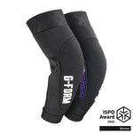 The black G-Form RE ZRO Terra Elbow Guard features a hexagonal grip pattern for superior impact protection and displays the 2023 ISPO Award Winner logo in the bottom right, part of the Terra Knee + Elbow Guards collection.
