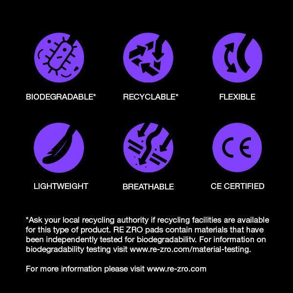 Icons depict features: biodegradable, recyclable, flexible, lightweight, breathable, CE certified. Ideal for adventurers, the G-Form RE ZRO Terra Elbow Guards offer outstanding impact protection. For recycling info and testing details, visit our website.
