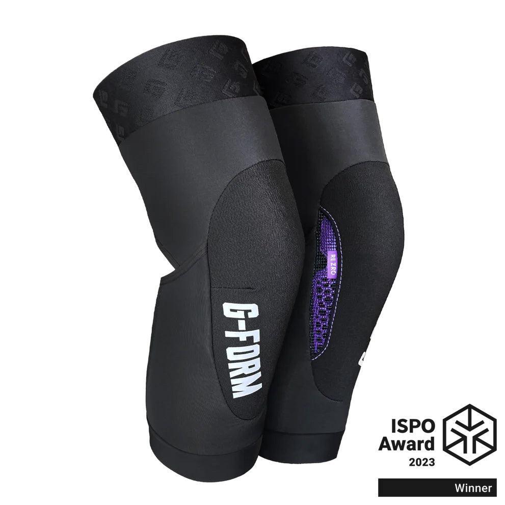 The G-Form RE ZRO Terra Knee Guard, winner of the ISPO Award 2023, features a black textured design with superior impact protection and eco-friendly RE ZRO materials for optimal safety and sustainability.