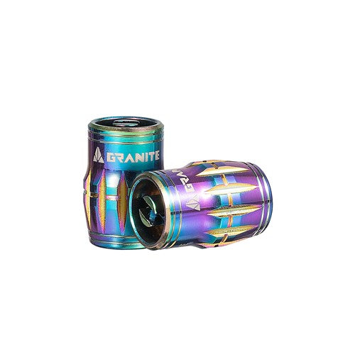 Displayed against a white background are two colorful metal caps with a rainbow finish, branded as "Granite Juicy Valve Caps w/ Valve Tool (Pair).