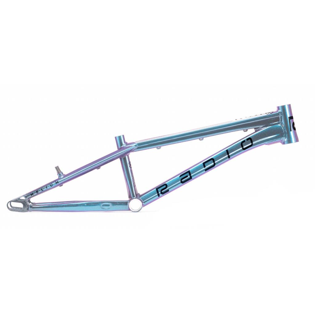The metallic blue Radio Raceline Helium 2025 Pro L Frame, crafted from hydroformed 6061 alloy tubing, prominently features "RADIO" on its side, showcasing the sleek design of an ultra-lightweight race frame.