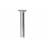 The Demolition Axes Pivotal Seat Post is a low-profile, silver metal bicycle seatpost made from forged alloy for durability, shown standing upright on a white background.