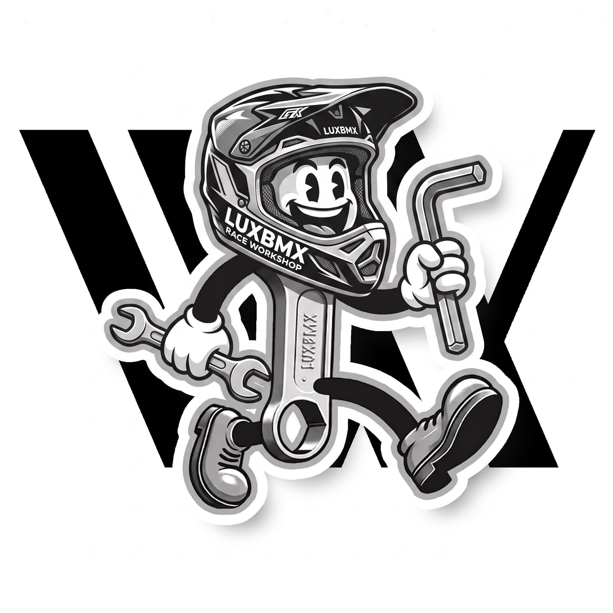 A cartoon character in a BMX helmet holds a wrench and hex key, ready to inspect a bike, with "LUXBMX" and bold "WX" behind—representing the (Workshop) WKSP - Complete Race Bike Service (Full).