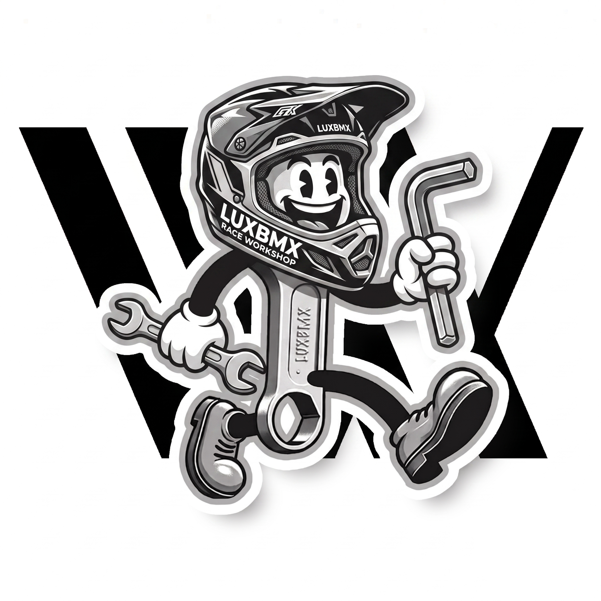 A cartoon character in a BMX helmet holds a wrench and hex key, ready to inspect a bike, with "LUXBMX" and bold "WX" behind—representing the (Workshop) WKSP - Complete Race Bike Service (Full).