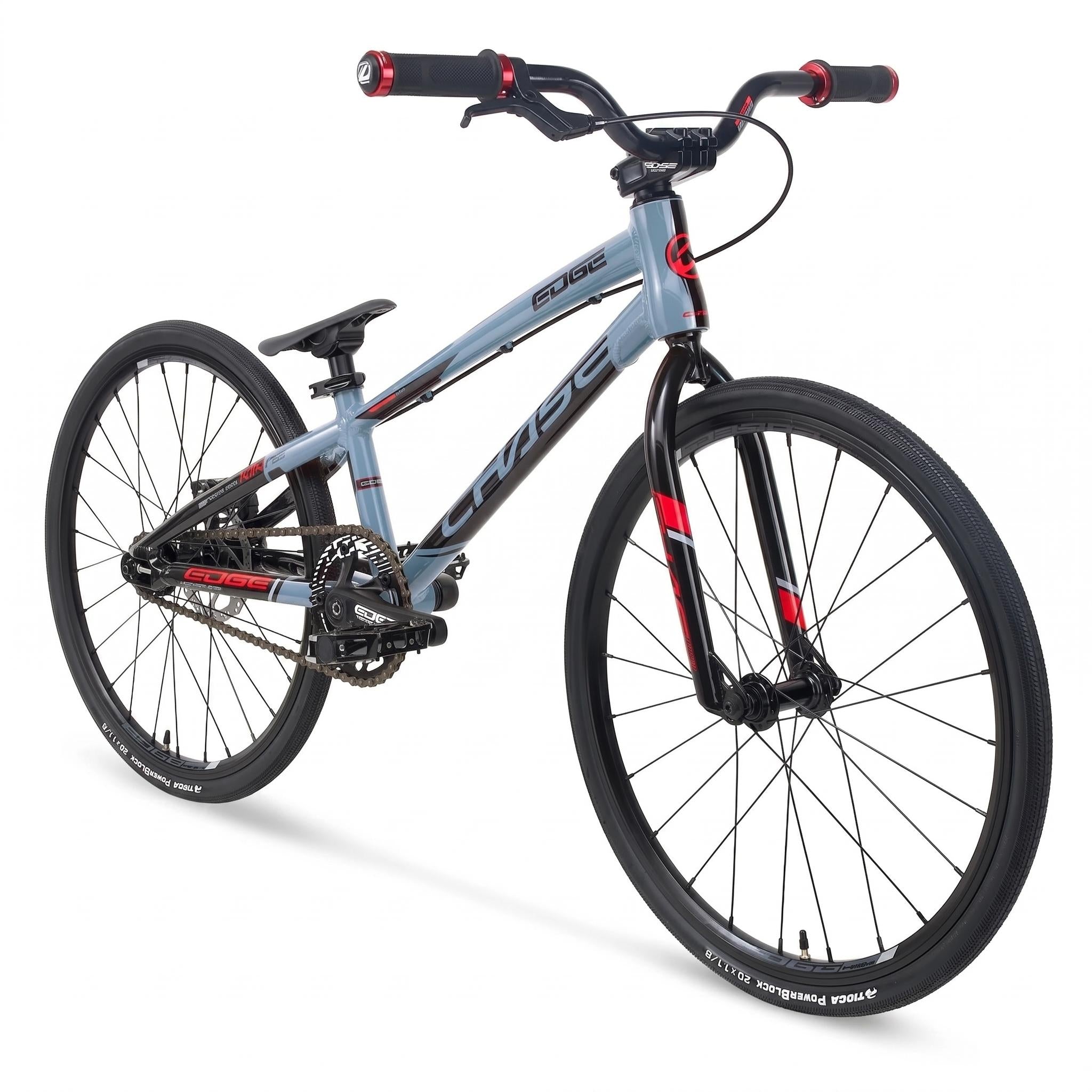 The Chase Edge Mini Bike (2026) is a light gray BMX race bike featuring a durable 6061 aluminum frame with bold black and red accents.