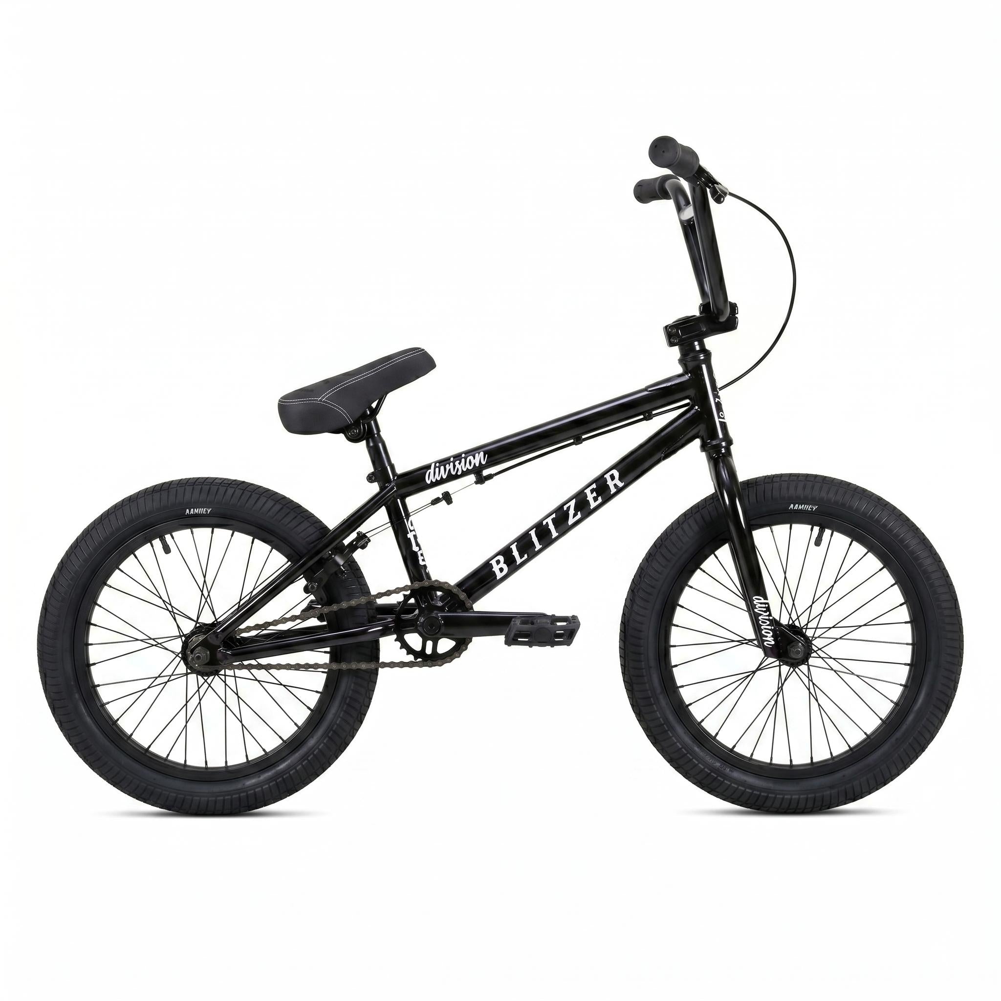 The Division Blitzer 16 Inch Bike, black with white lettering, features a Hi-Ten frame and 16-inch wheels. It is displayed against a white background.