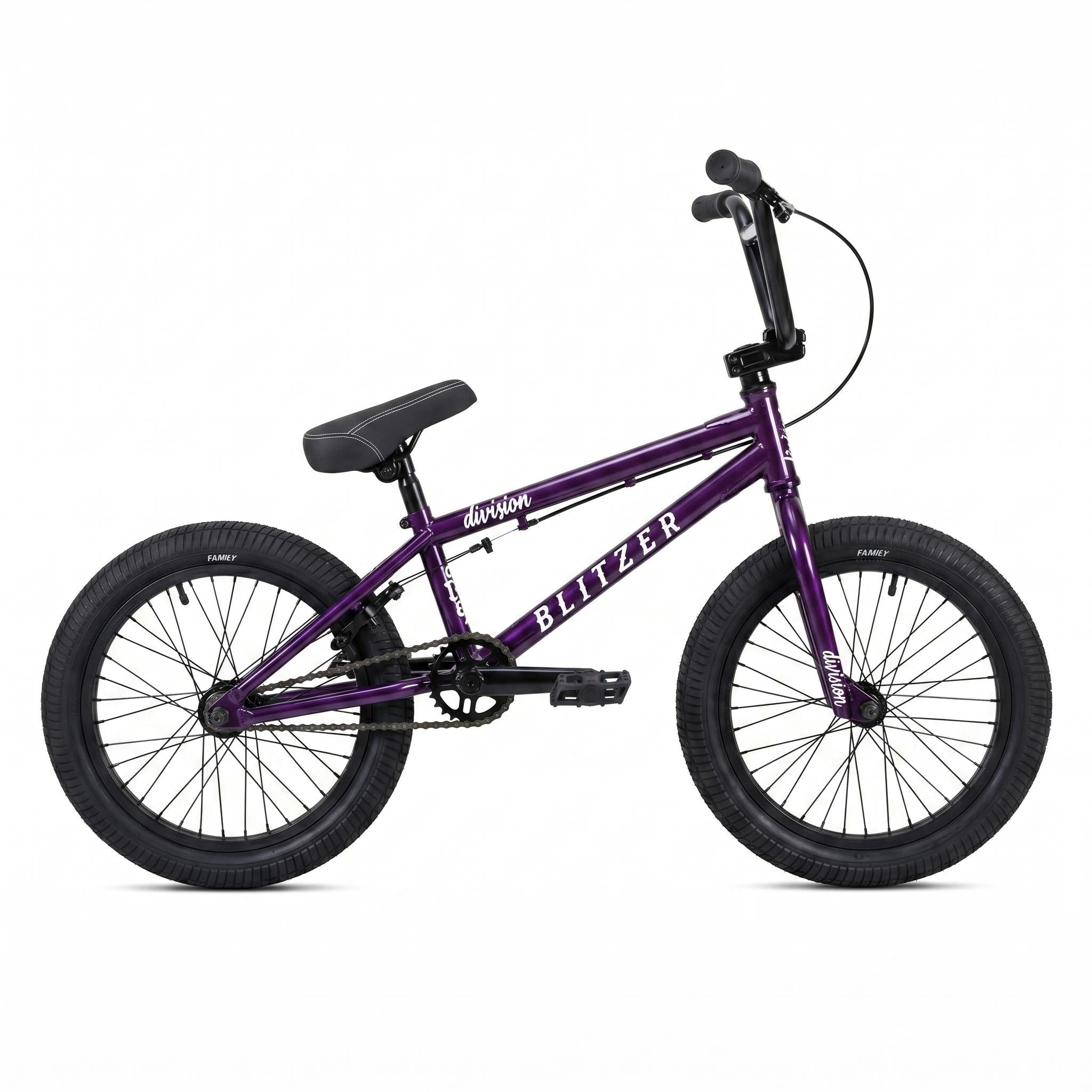 A Division Blitzer 16 Inch Bike in purple with black handlebars, seat, and tires is shown side view against a white background, featuring "Division" and "Blitzer" labels on the frame.