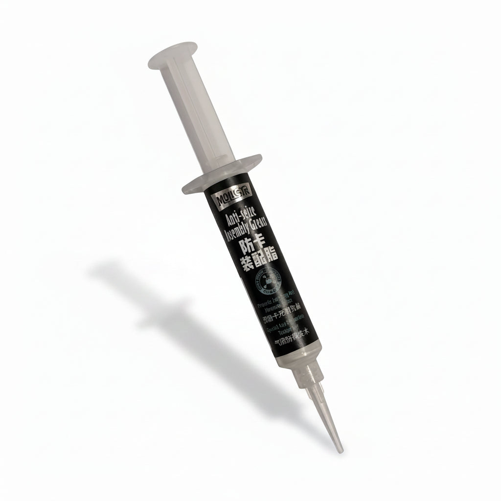 A syringe-style tube labeled “MolicSYN Prime Anti-Seize Grease (5g),” featuring both English and Chinese text, sits on a white background. This anti-seize assembly grease is designed to provide reliable performance for precision applications.