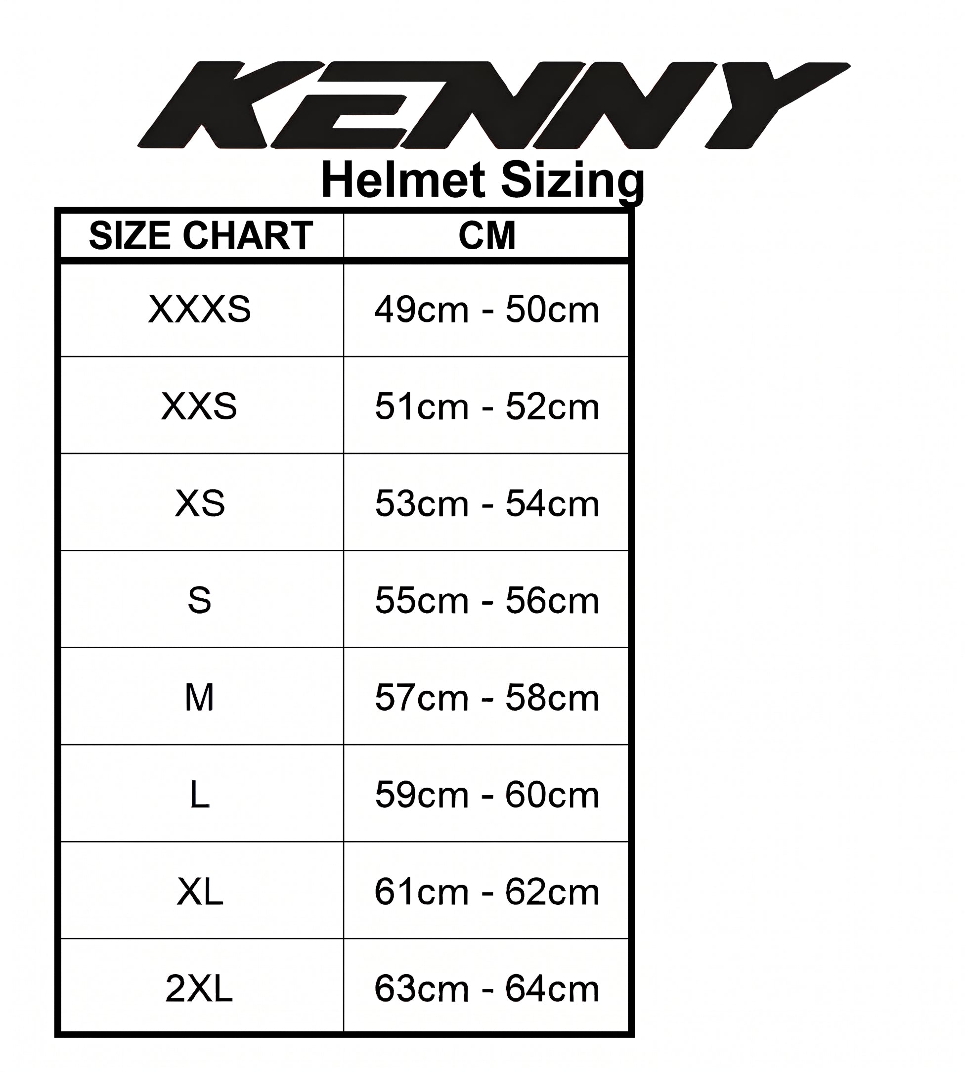 Kenny Racing Helmet Elite / White Gradient helmet sizing chart lists head circumference ranges in centimeters for sizes XXXS to 2XL, providing options for riders seeking the lightest BMX race helmet and precise fits such as the XXXS BMX helmet.