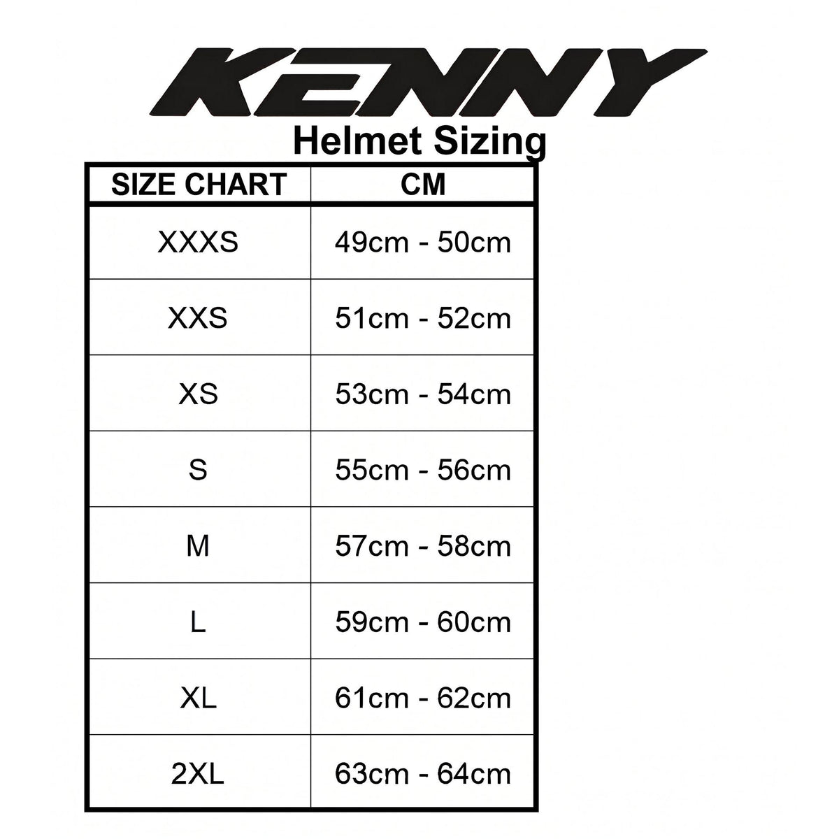 Kenny Racing Helmet Elite / White Gradient helmet sizing chart lists head circumference ranges in centimeters for sizes XXXS to 2XL, providing options for riders seeking the lightest BMX race helmet and precise fits such as the XXXS BMX helmet.