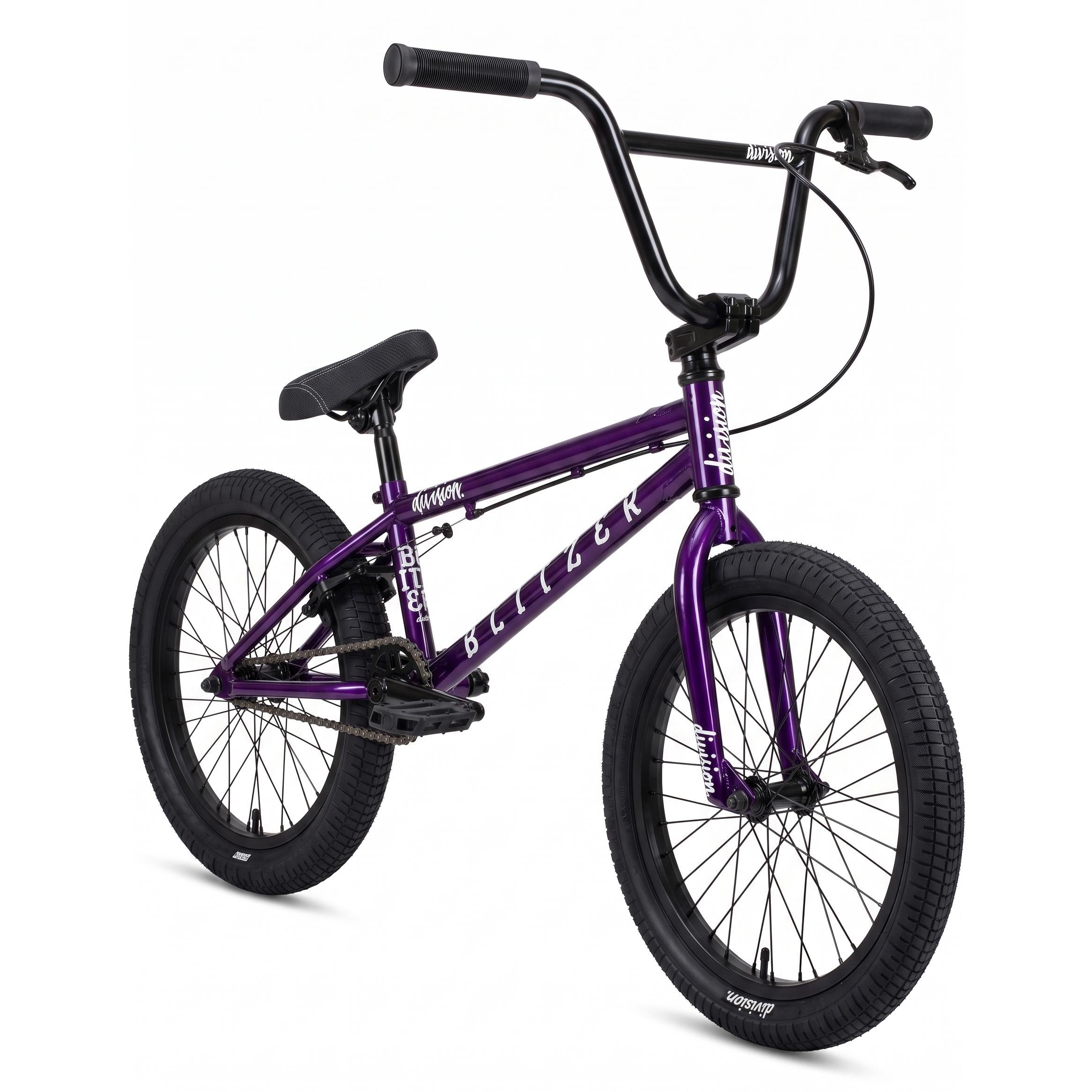 The Division Blitzer 16 Inch Bike, in purple, features black handlebars, seat, and tires, and is displayed at a slight angle against a white background.