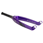 A purple handlebar with the Avian Versus Pro Tapered Fork 20in and Toray carbon on it.