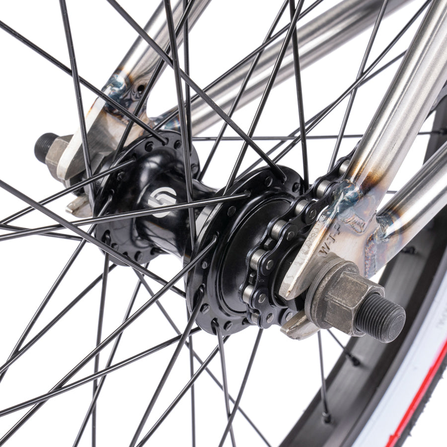 A close up of a Wethepeople Nova 20 Inch BMX Bike wheel and spokes.