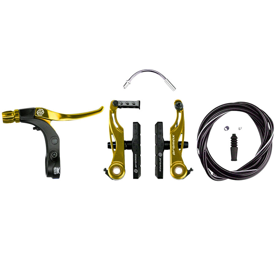 A Promax P-1 Click Mini V-Brake Kit 85mm, consisting of brake arms and Click lever, along with gold hoses, for a bicycle.
