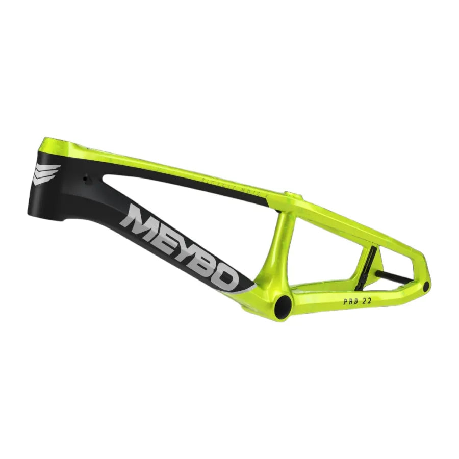 The Meybo 2026 Carbon HSX Pro Cruiser Frame in lime green and black displays "MEYBO" in large white letters and "PRO 22" in small yellow text, boasting advanced BMX race engineering and a fixed dropout design.