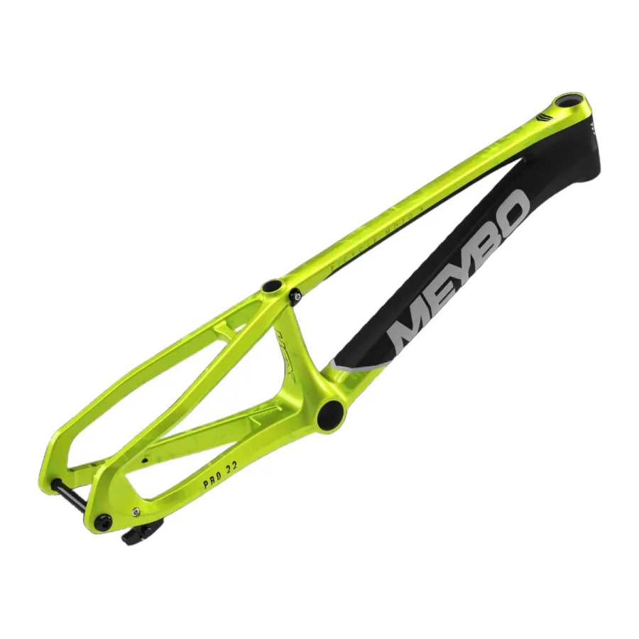 The Meybo 2026 Carbon HSX Pro Cruiser Frame, shown side-on in lime green and black with "PRO 22" graphics, highlights advanced BMX race engineering and a fixed dropout, set against a white background.