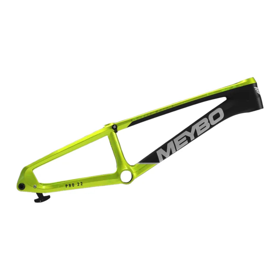 The Meybo 2026 Carbon HSX Pro XXL Frame is a green and black BMX race frame with "MEYBO" branding and "PRO 22" on the lower tube, featuring fixed dropouts, shown against a white background.