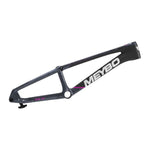 The Meybo 2026 Carbon HSX Expert XL Frame is a matte black BMX race frame featuring white branding and subtle pink accents, displayed against a white background.