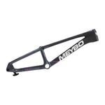 The Meybo 2026 Carbon HSX Pro XXL Frame is a dark-colored BMX race frame with a fixed dropout design, white logo text, and subtle purple accents, displayed on a white background.