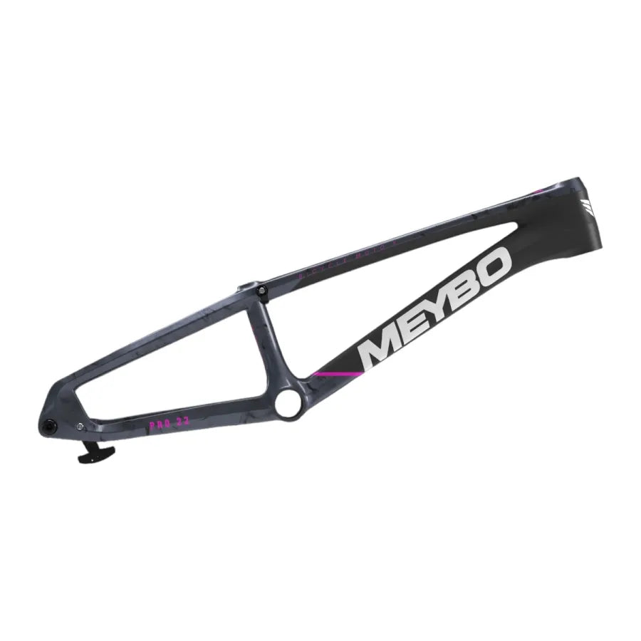 The Meybo 2026 Carbon HSX Pro XXXL Frame is a black BMX race frame with white and pink lettering, shown on a white background, and includes an integrated chain tensioning system.