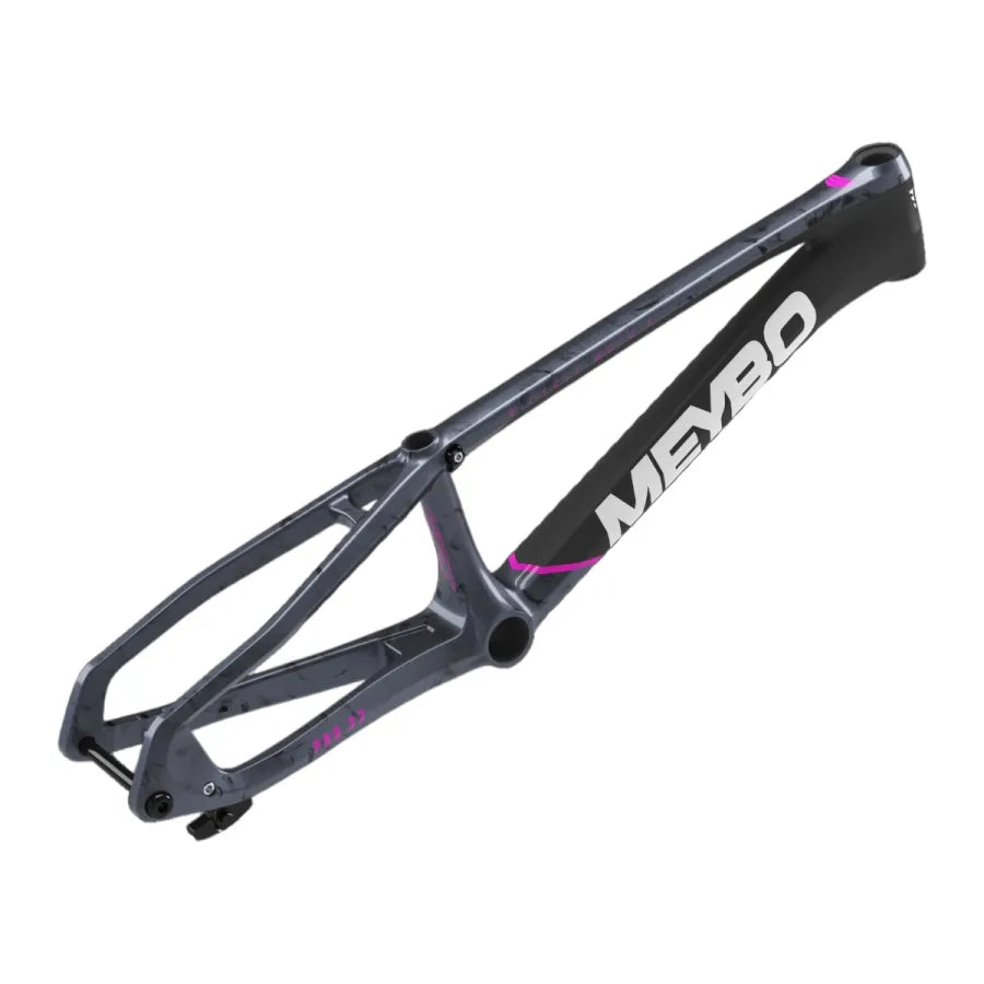 The Meybo 2026 Carbon HSX Pro XXXXL Frame features a matte gray and black finish, white "MEYBO" branding, pink accents, and advanced BMX race engineering—ideal for BMX or racing bikes. Shown on a white background.