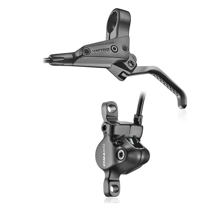 Tektro BMX HD-J2820 Post Mount Disc Brake Kit in black, featuring a hydraulic lever and caliper set for BMX bikes with Shimano-compatible brake pads, displayed on a white background.
