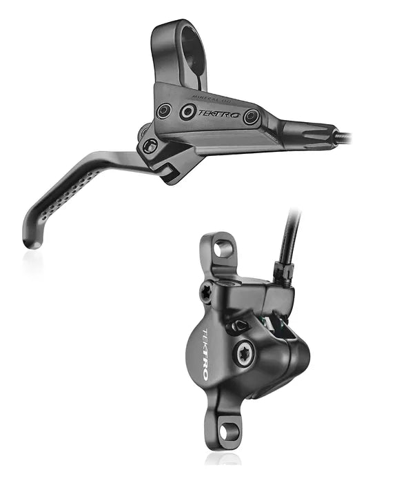 Tektro BMX HD-J2820 Post Mount Disc Brake Kit, shown isolated on a white background, is a black hydraulic disc brake set with lever and caliper. Designed for BMX use, this system features Shimano-compatible brake pads for reliable stopping power and easy maintenance.