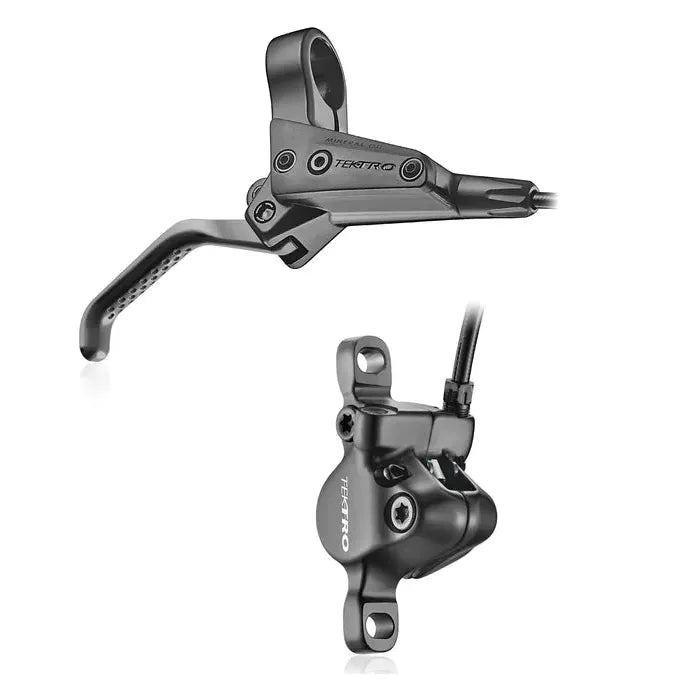 Tektro BMX HD-J2820 Post Mount Disc Brake Kit, shown isolated on a white background, is a black hydraulic disc brake set with lever and caliper. Designed for BMX use, this system features Shimano-compatible brake pads for reliable stopping power and easy maintenance.