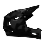 The Bell Sanction 2 DLX MIPS Camo Matte Black full-face helmet, shown side-on against a white background, features a matte black geometric design with angular vents and a visor—lightweight yet built for protection.