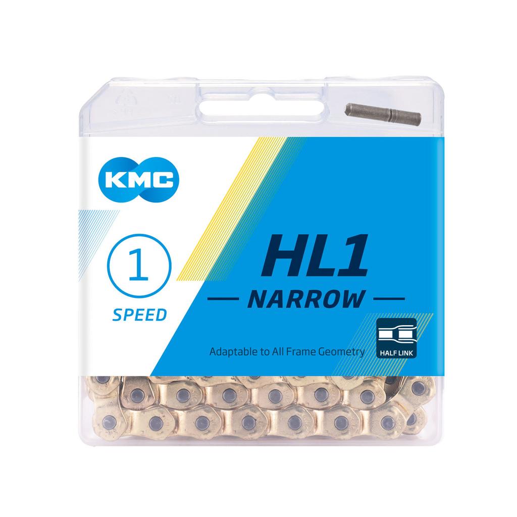 The KMC HL1 Narrow Chain (3/32 Inch) comes in clear plastic packaging with blue and white labels, ideal for bikes needing a dependable single speed or half link chain solution.