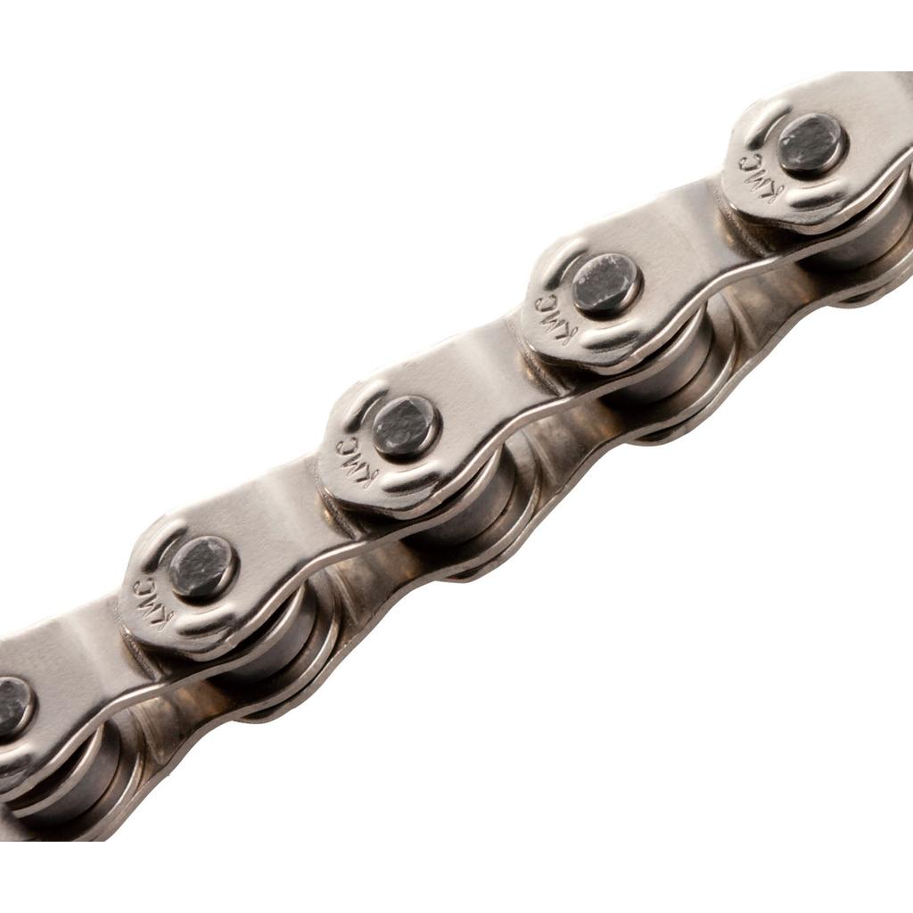 A close-up of the KMC HL1 Narrow Chain (3/32 Inch) shows its metal links and rivets, highlighting this single-speed bicycle chain against a white background.
