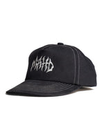 The Mahd - Metal Hat is a black 5 panel cap featuring white contrast stitching and an abstract white embroidered logo on the front.