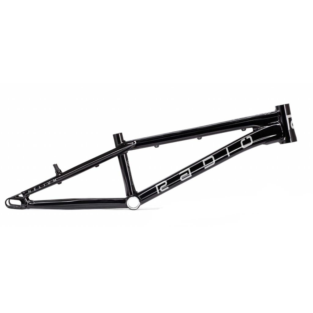 The Radio Raceline Helium 2025 Pro L Frame is a black bicycle frame with a "Radio" logo in crisp white letters, crafted from super lightweight race frame hydroformed 6061 alloy tubing for optimal performance.