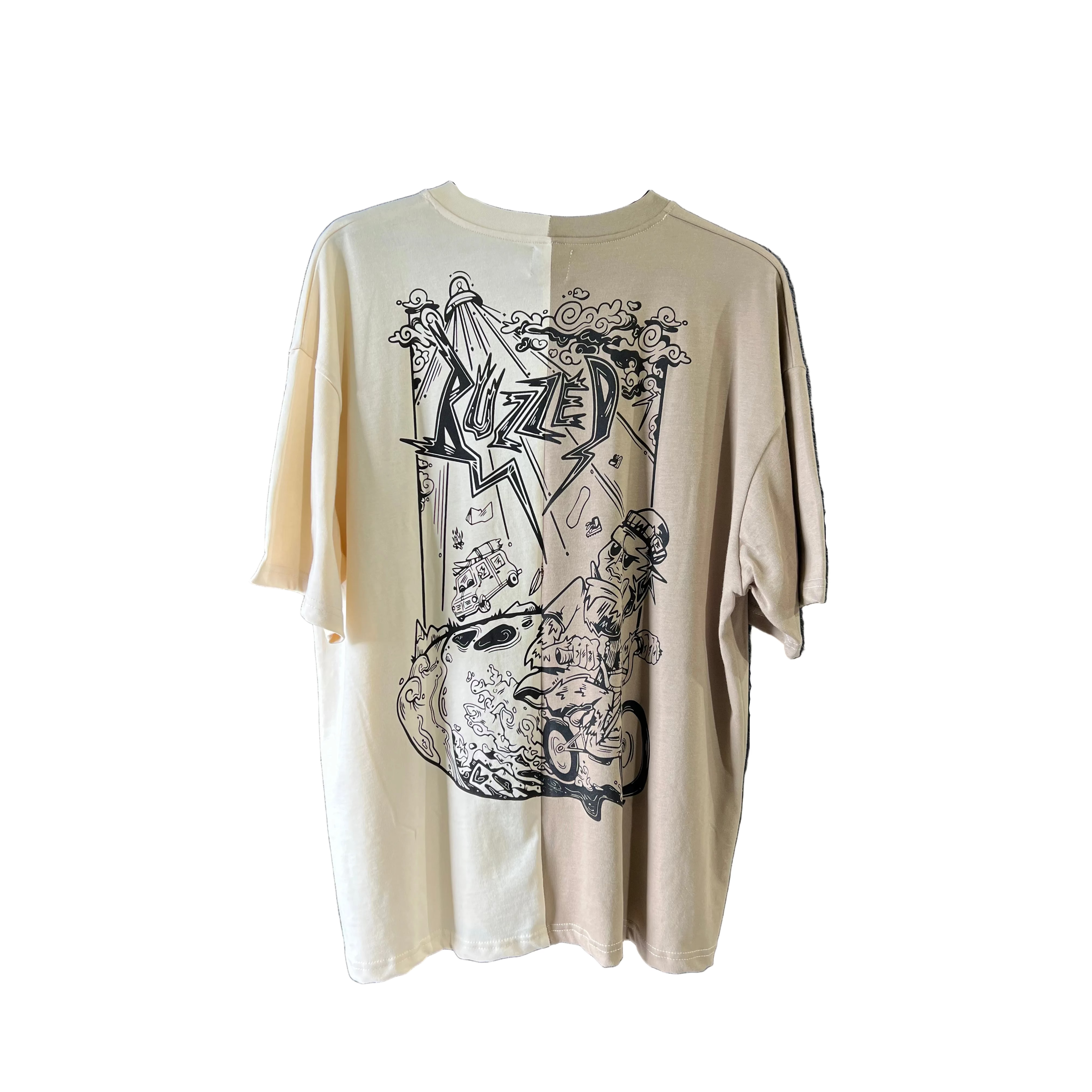 The Buzzed Riders Split Tee is a beige short-sleeve shirt featuring a bold black and white graffiti-style graphic with cartoon-inspired imagery on the front—an action sport-inspired piece guaranteed to spark conversation.