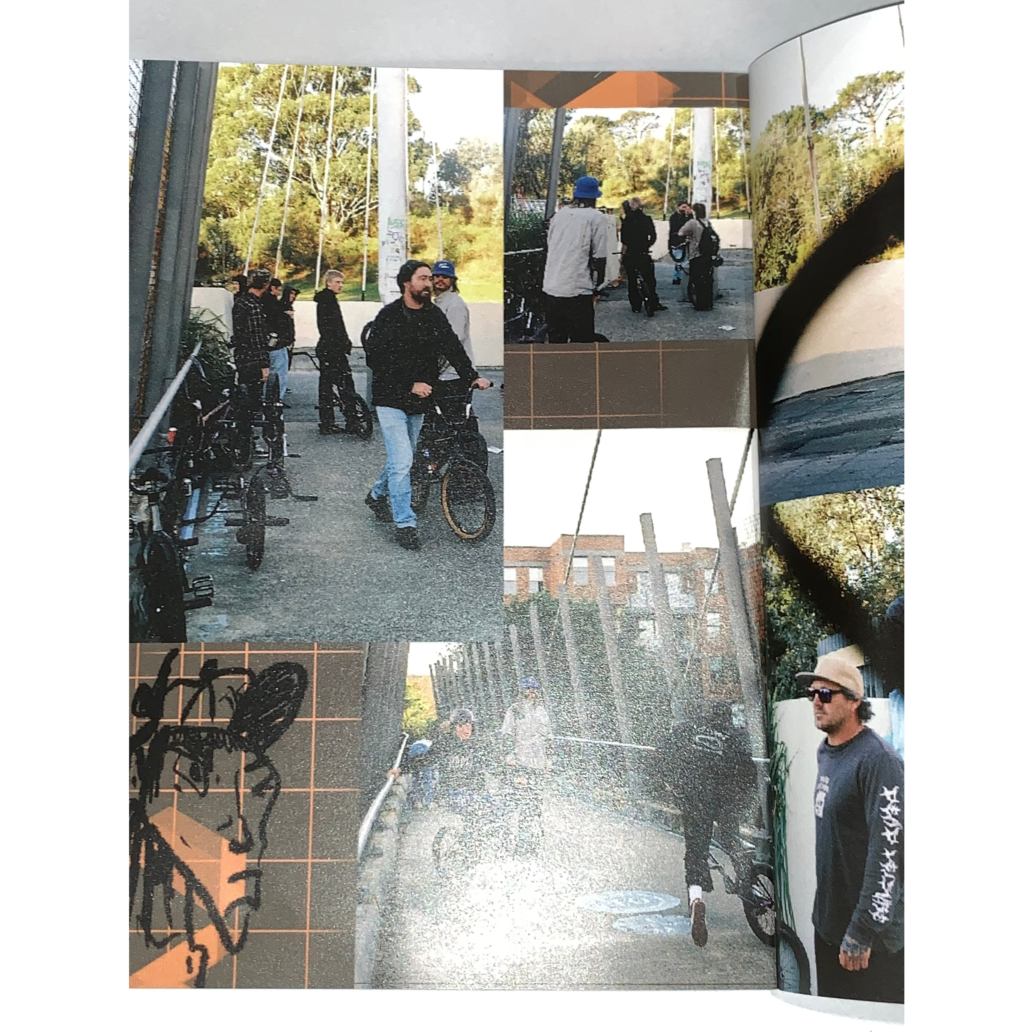 A scene from Jerk Zine Volume 1 shows a collage of people with bicycles, including BMX riders, on a bridge with trees and buildings behind them. An illustrated face appears in the lower left corner.