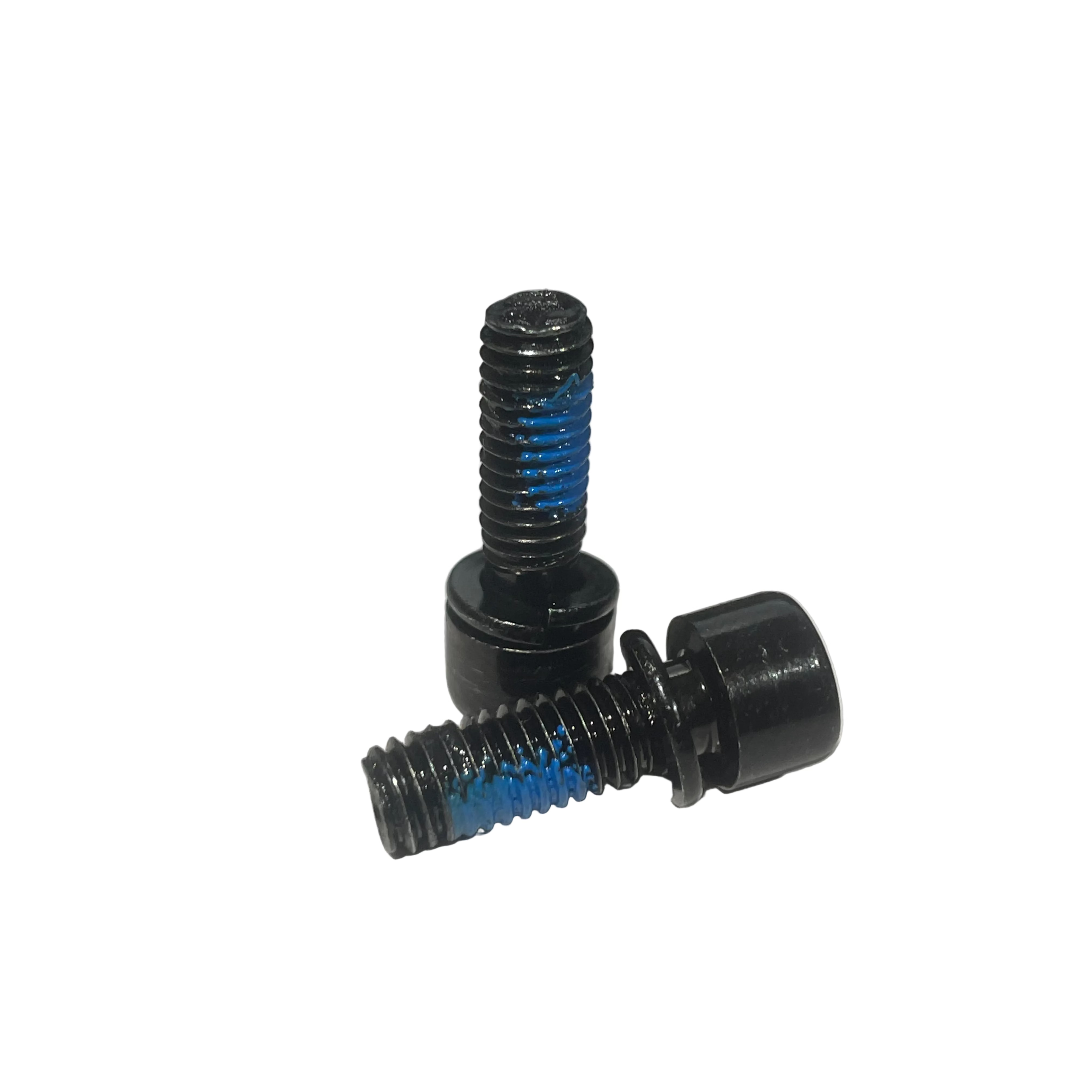 Two Generic Post Mount Brake Bolts M6x1 in black metal, with blue threadlocker and 17mm thread length, shown on a white background.
