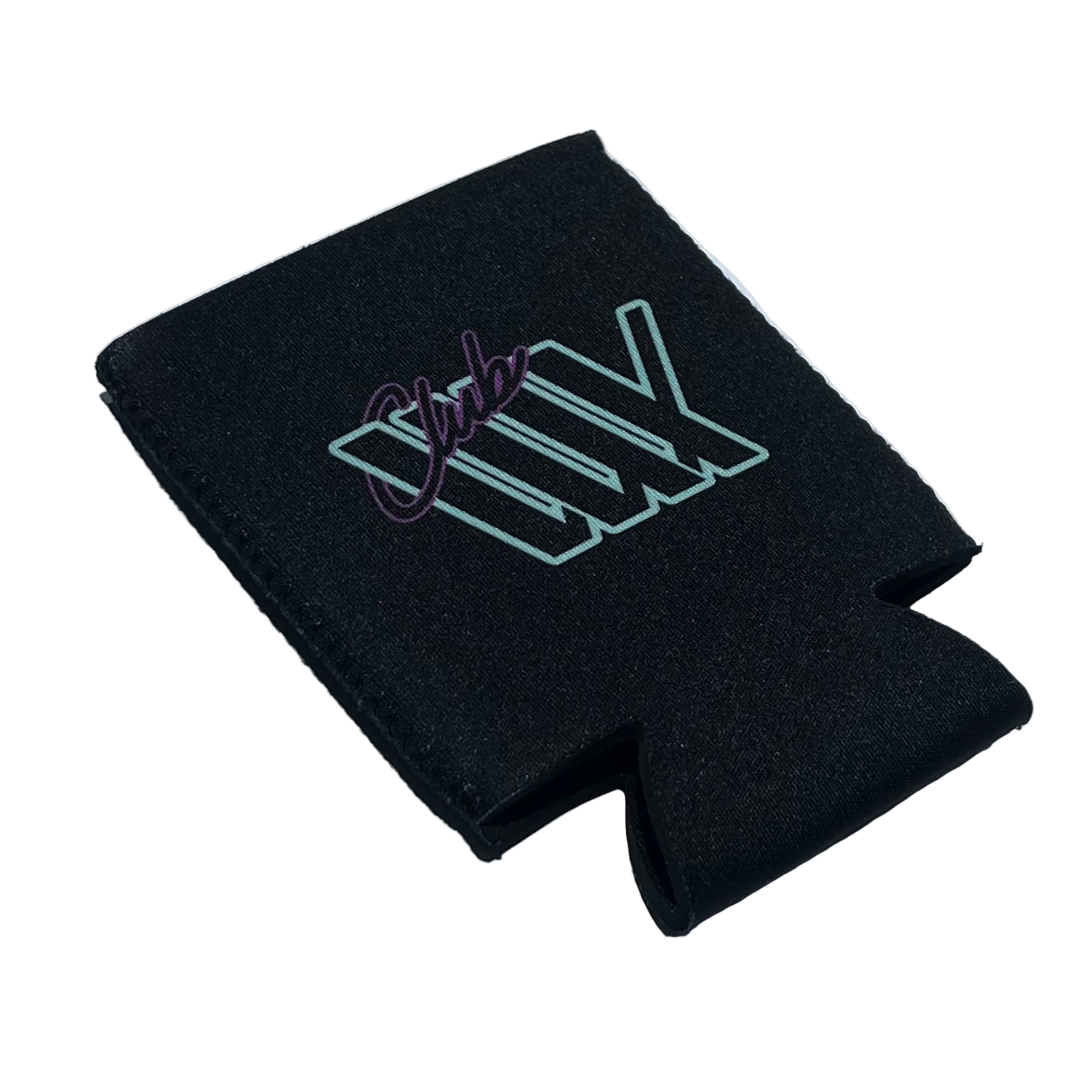 The LUXBMX Stubby Cooler / Club LUX is a black can cooler with "Stub MX" in light blue and purple on the front, ideal for keeping your drinks insulated.
