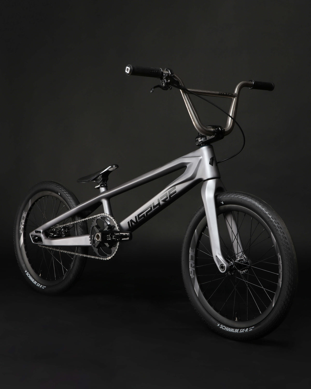 Grey Inspyre Era Pro XXXXL Frameset BMX racing bicycle on a dark background.