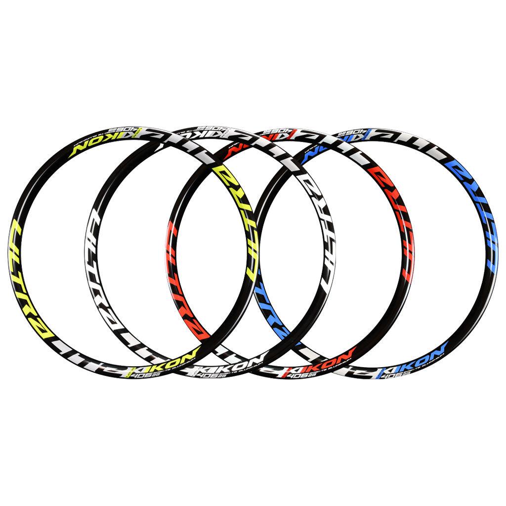 A set of four IKON ALLOY RIM (20 x 1.75 Non-BRAKE) bicycle rims with different colors.