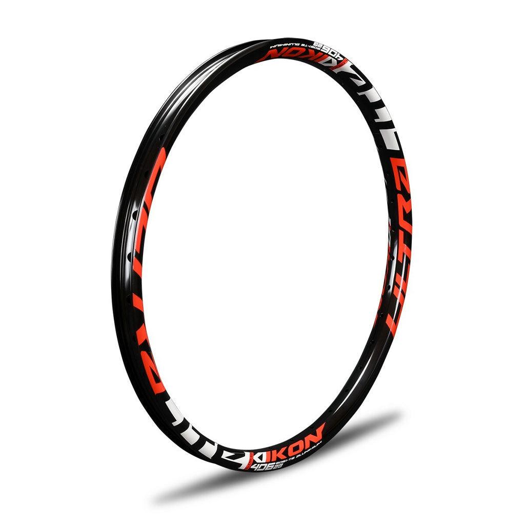 A black and red IKON ALLOY RIM (20 x 1.75 Non-BRAKE).